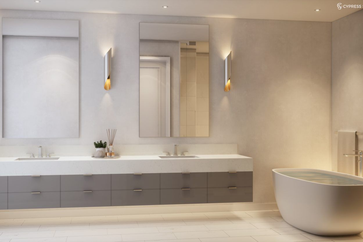 Cypress Sound primary bathroom with double vanity, contemporary finishes, and freestanding soaking tub.
