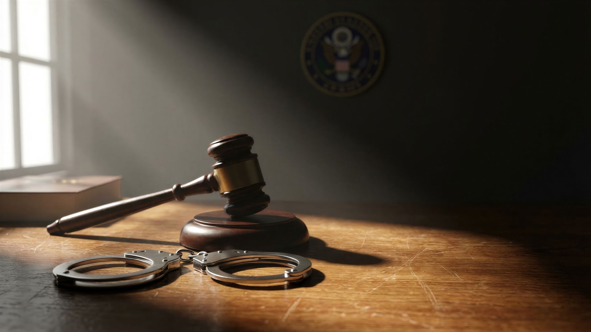 Judge’s gavel and handcuffs on a wooden desk in dramatic light.