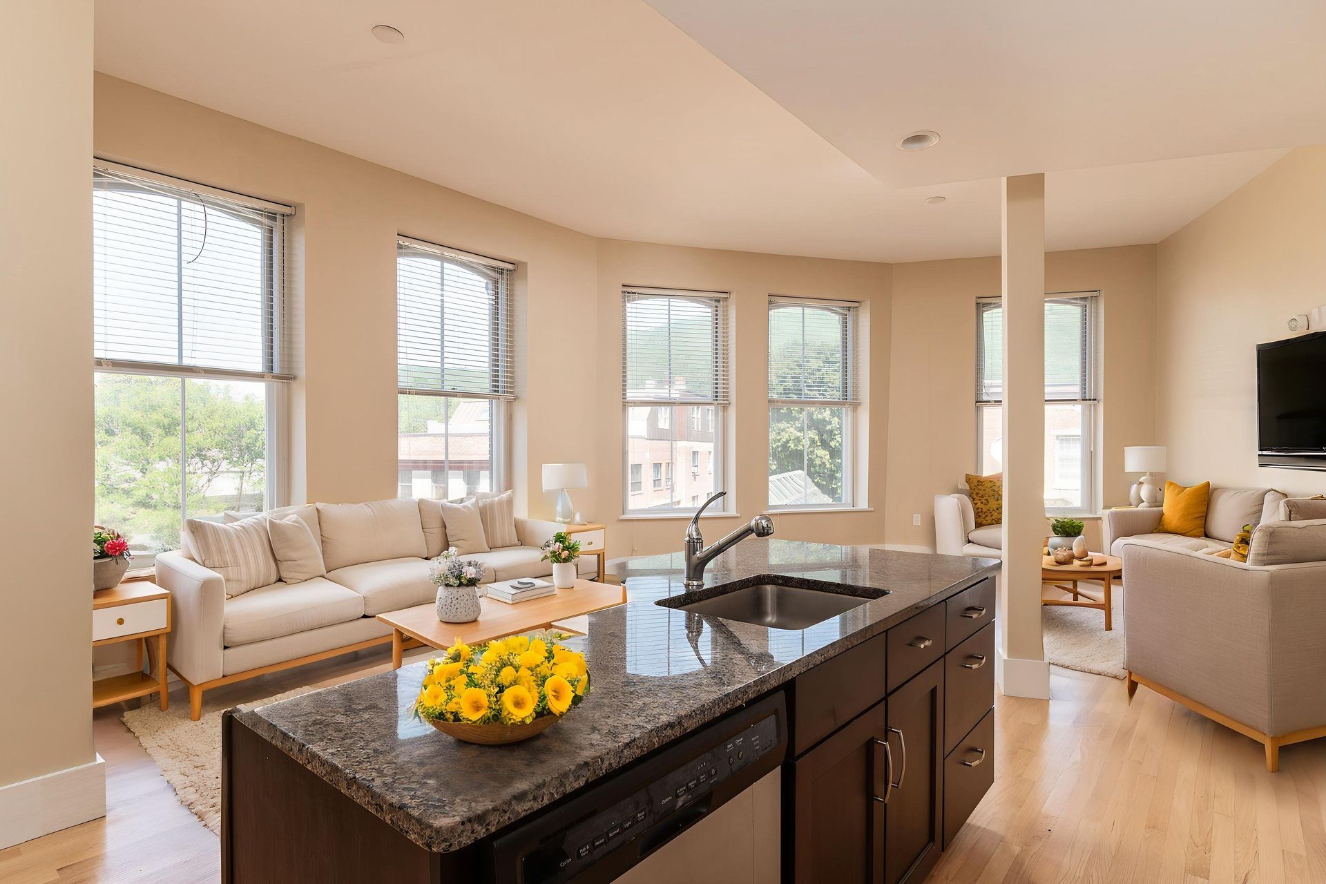 A modern open-plan living room and kitchen featuring neutral-toned furniture, a granite island, and large windows.