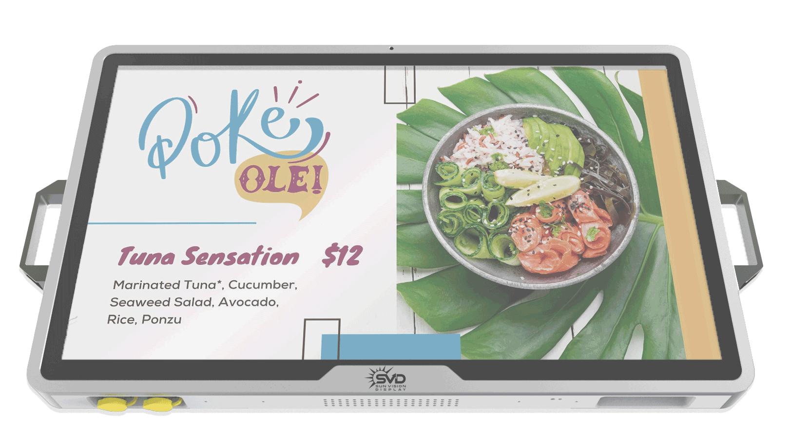 A tablet with a picture of a bowl of food on it.