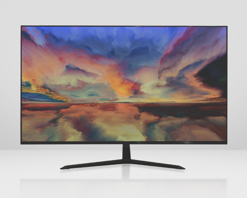 A computer monitor with a picture of a sunset on it