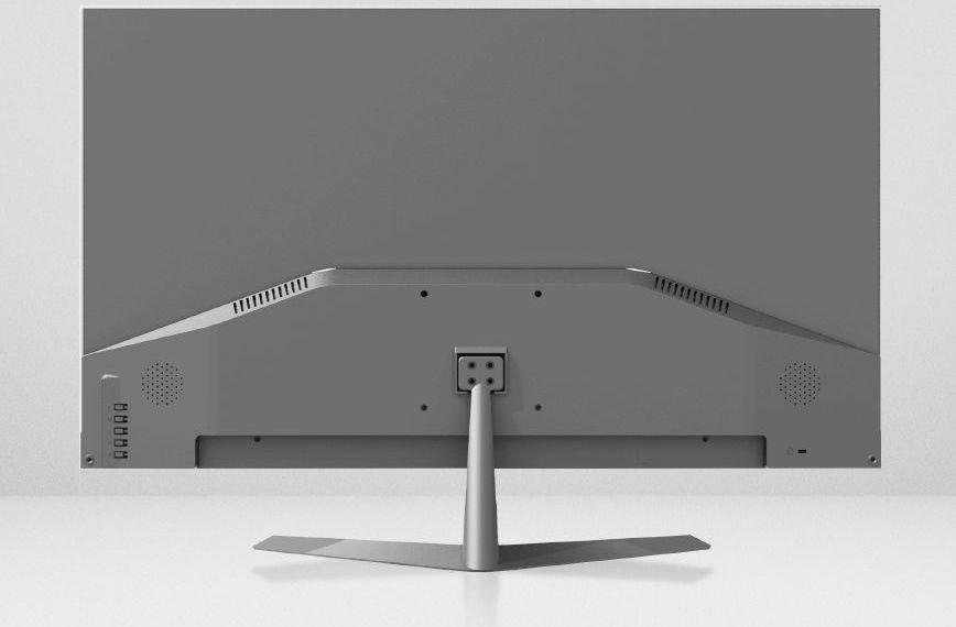 The back of a computer monitor is shown on a white surface.