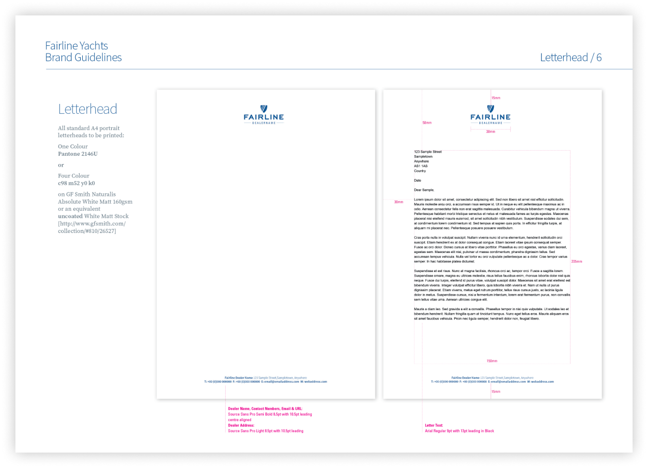 Stationery Guide page from Fairline Yachts Brand Guidelines