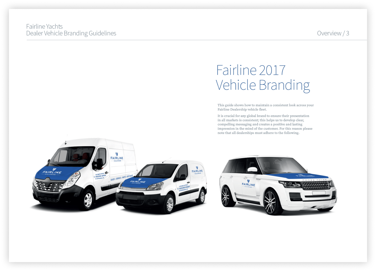 Vehcile livery page from Fairline Yachts Brand Guidelines