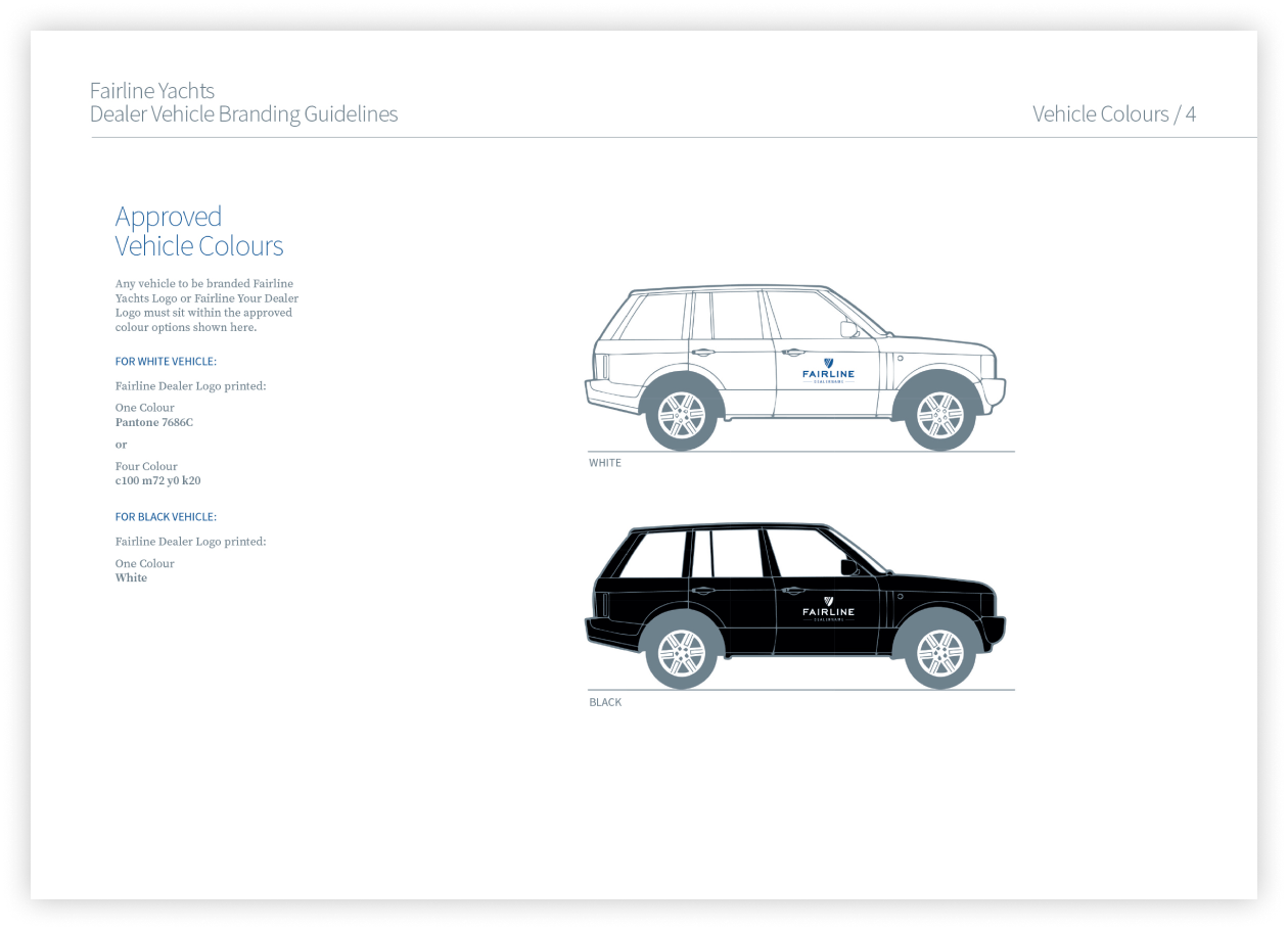 Vehcile livery page from Fairline Yachts Brand Guidelines