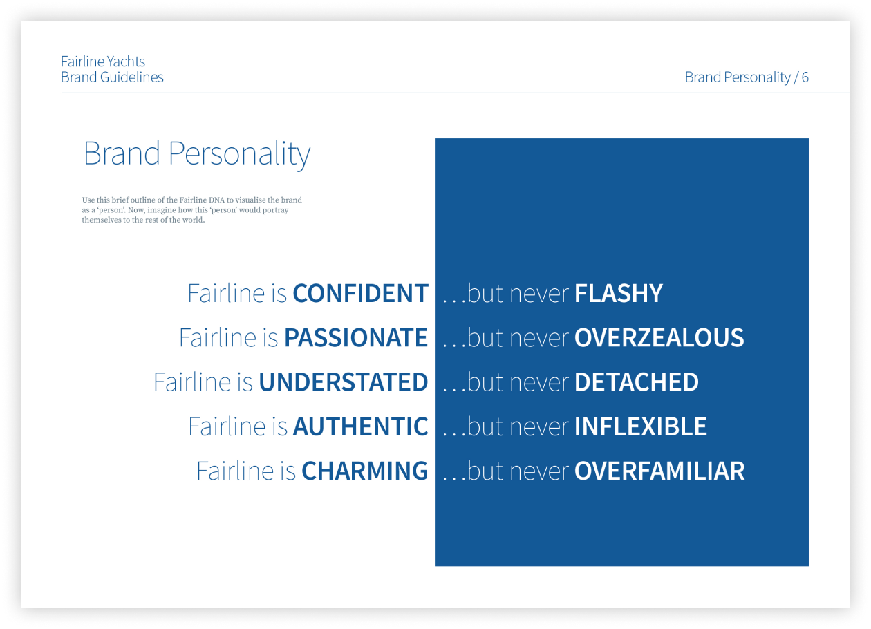 Tone of Voice page from Fairline Yachts Brand Guidelines