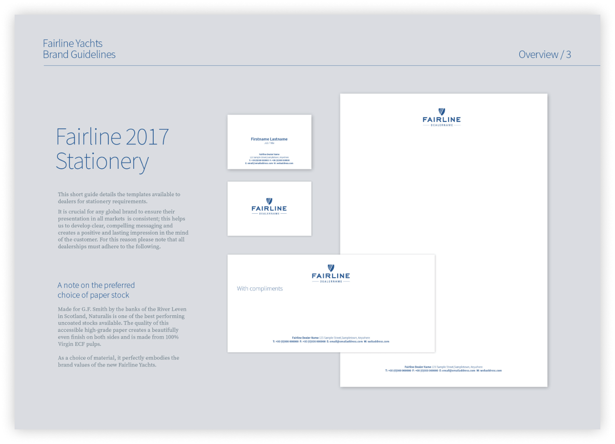 Stationery Guide page from Fairline Yachts Brand Guidelines