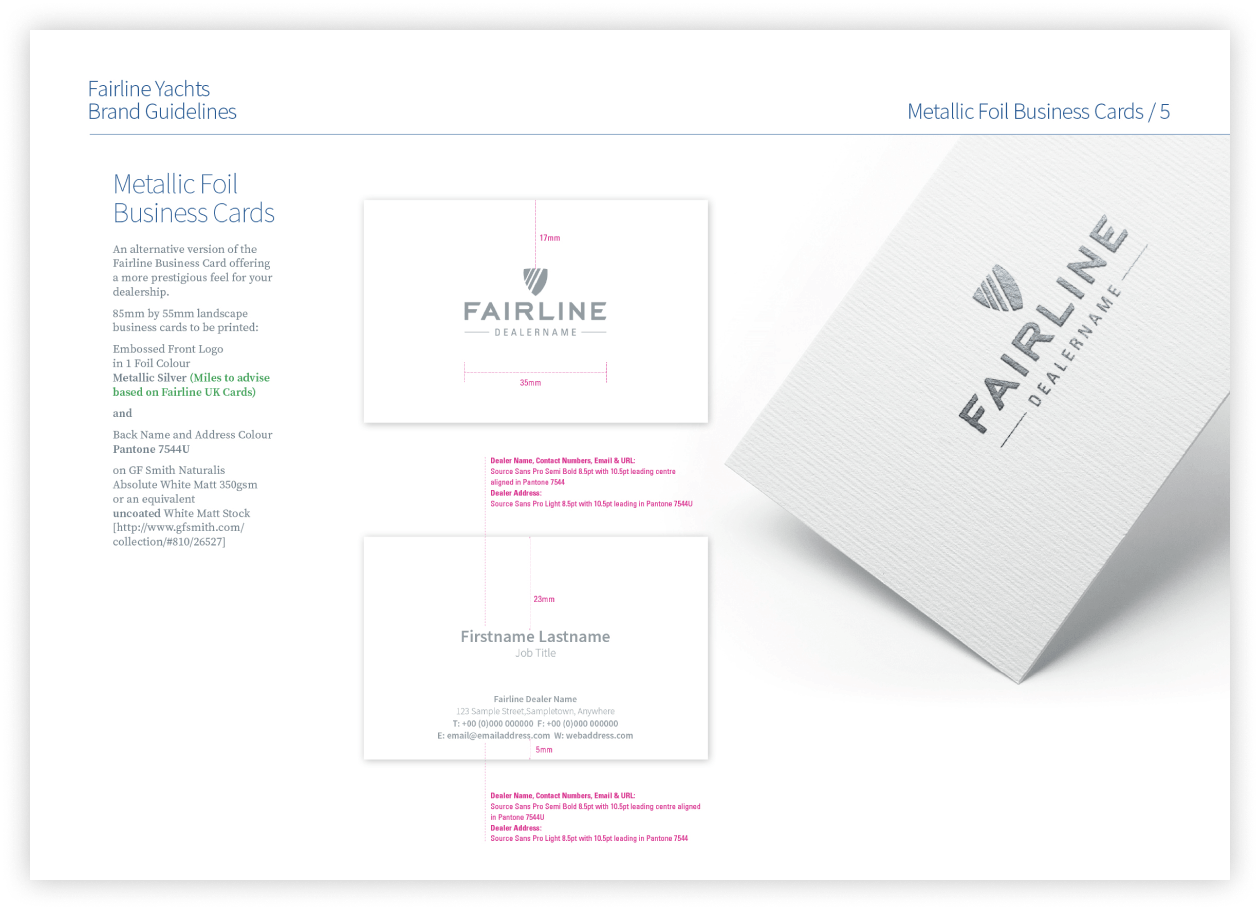 Stationery Guide page from Fairline Yachts Brand Guidelines