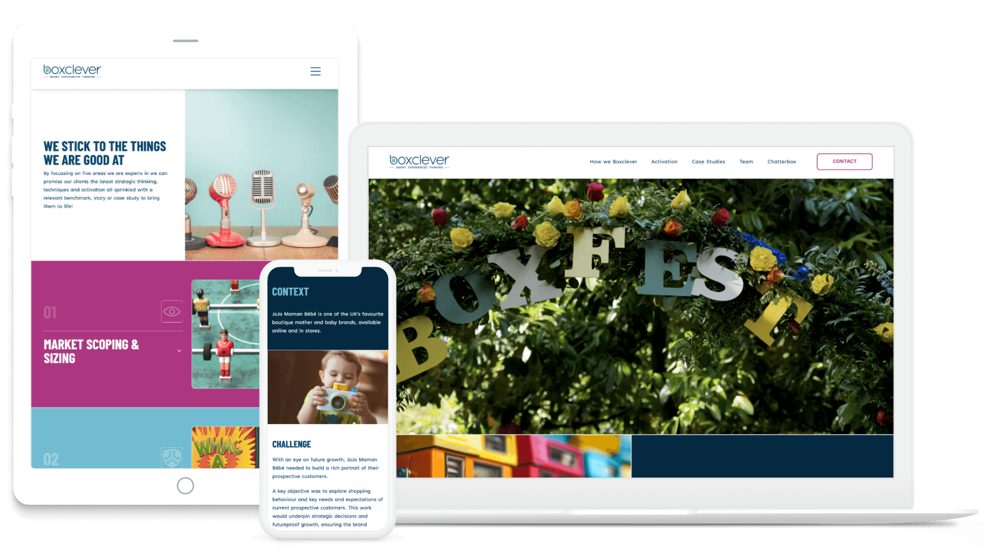 A laptop , tablet , and cell phone are displaying a website.
