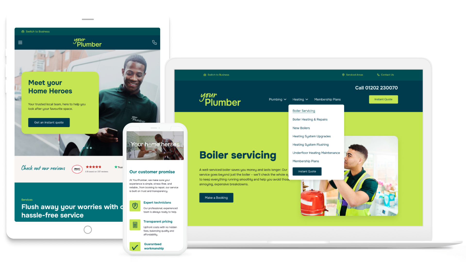 a laptop , tablet , and cell phone are displaying a YourPlumber website .