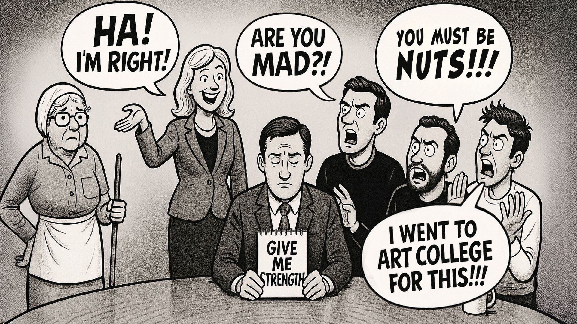 A cartoon of a man holding a sign that says i went to art college for this
