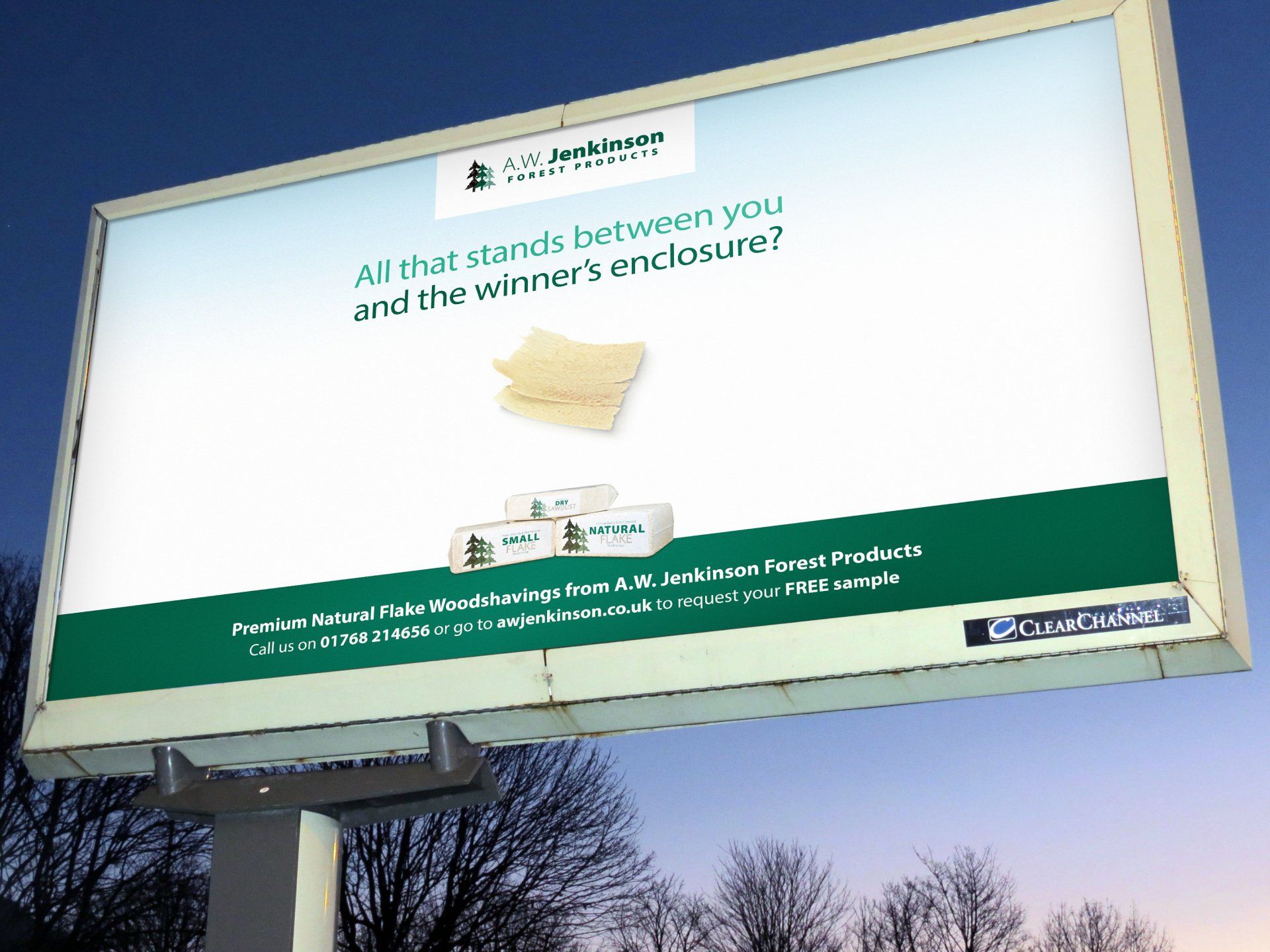 Outdoor billboard advert for A.W. Jenkinson premium livestock bedding, targeting horse trainers. Headline: 