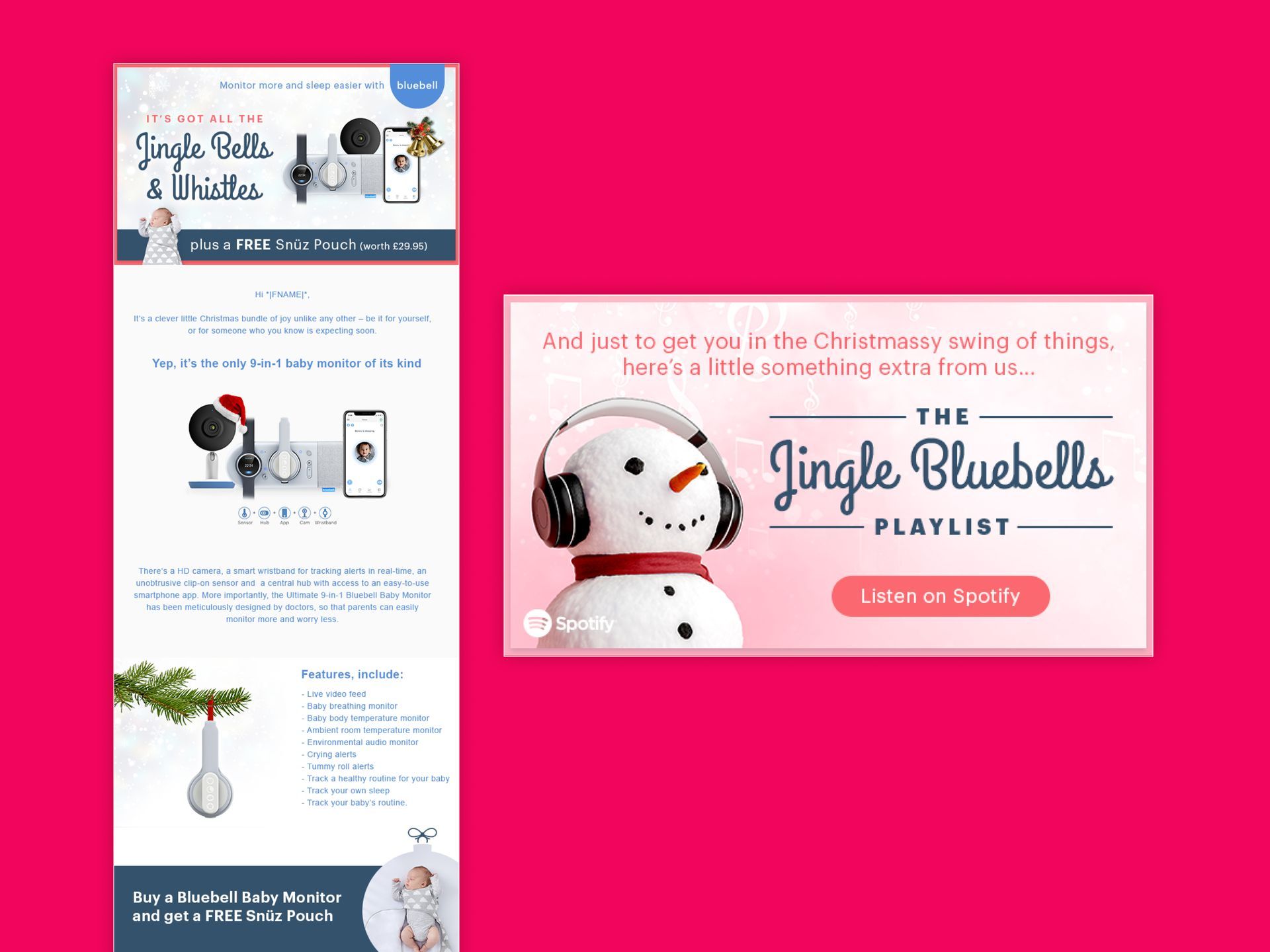 a snowman wearing headphones is on a pink background .