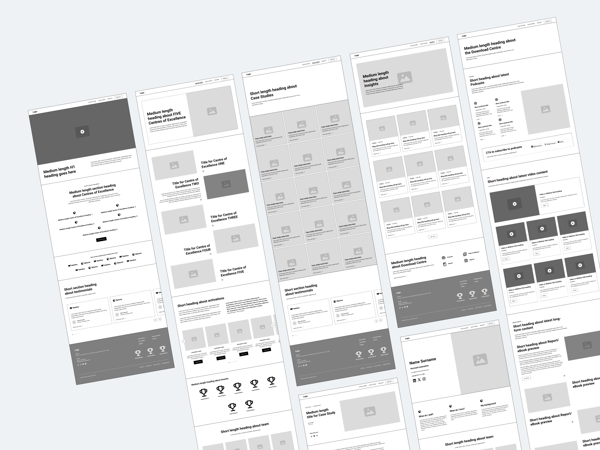 A bunch of website wireframe are laying next to each other
