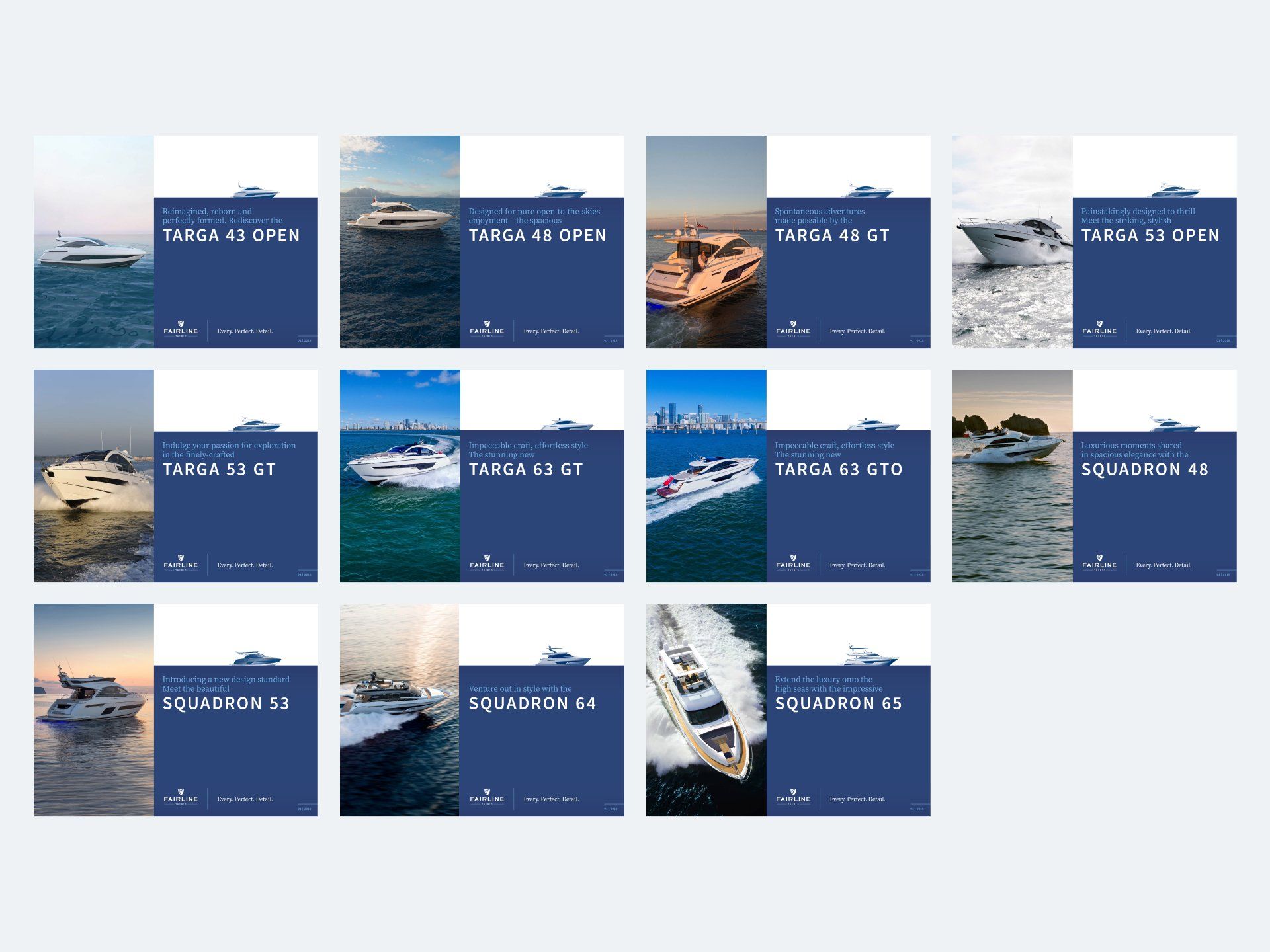 Digital brochure title pages for various models across the Fairline Yachts range. © The Animo Group Ltd.