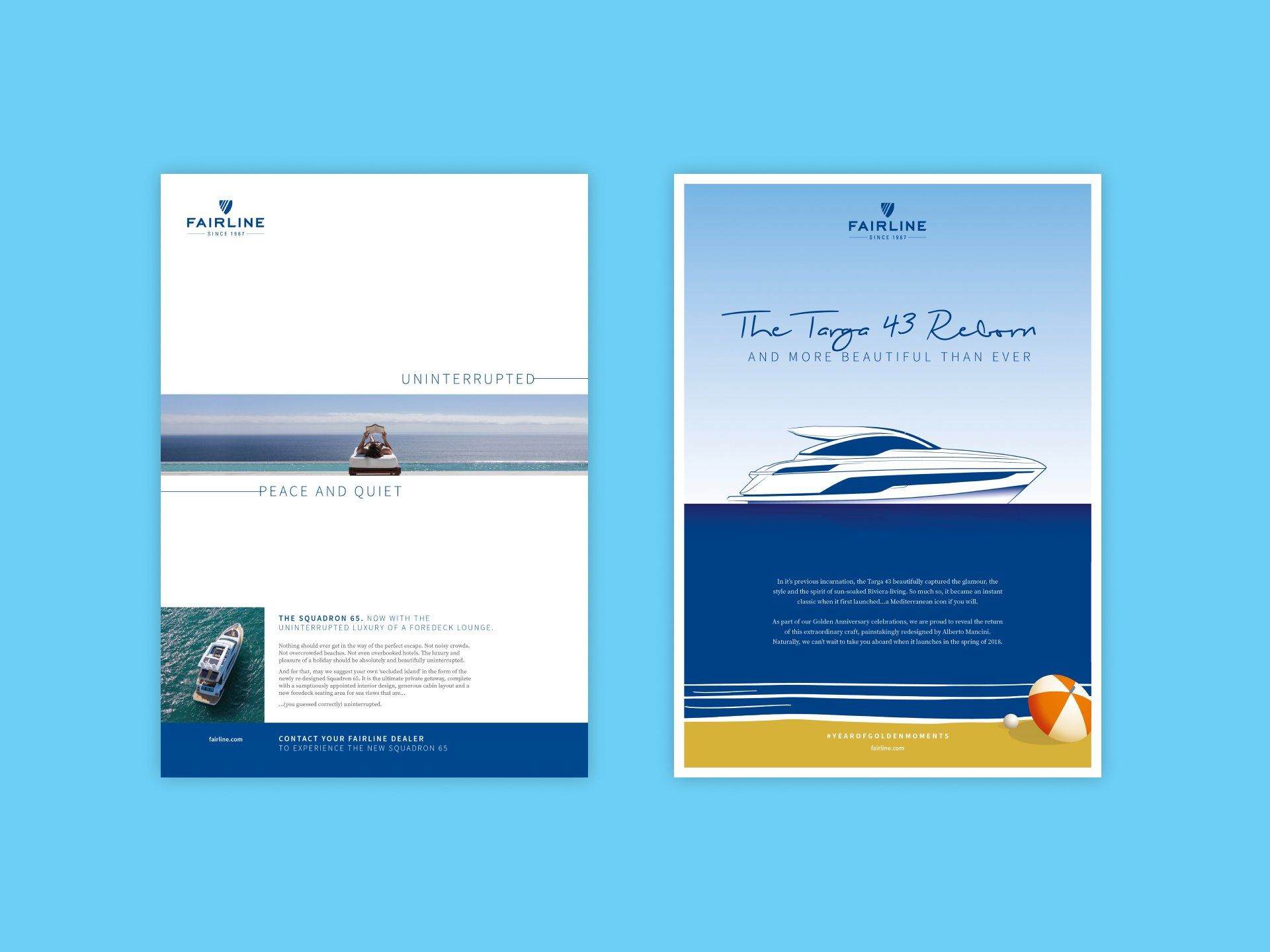 A selection of print adverts for various models of Fairline Yachts. © The Animo Group Ltd.