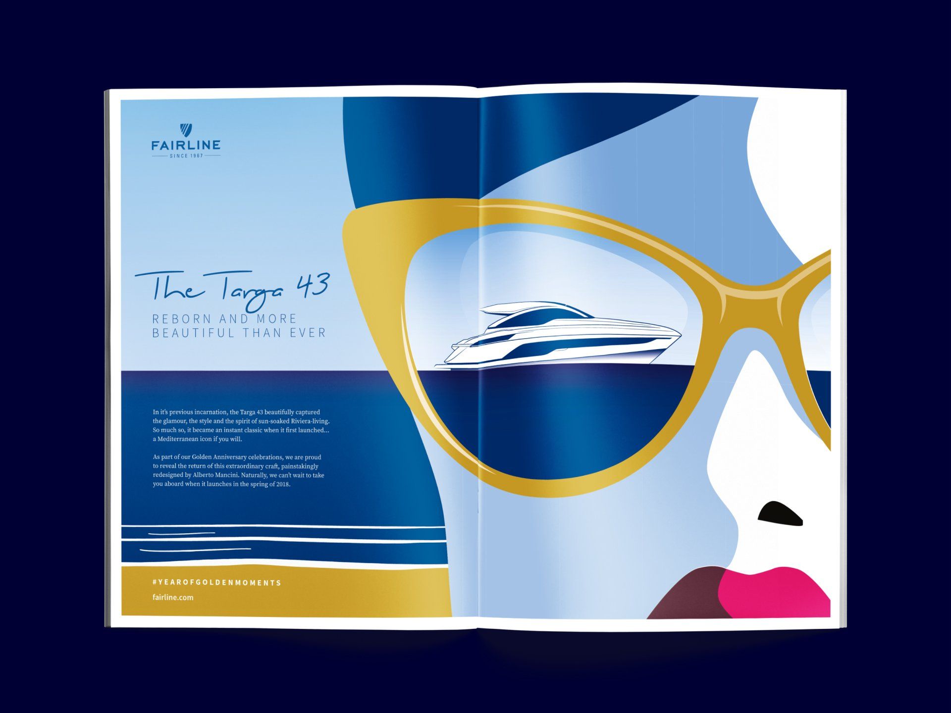 Double-spread print ad for the Fairline Yachts Targa 43. Headline: 