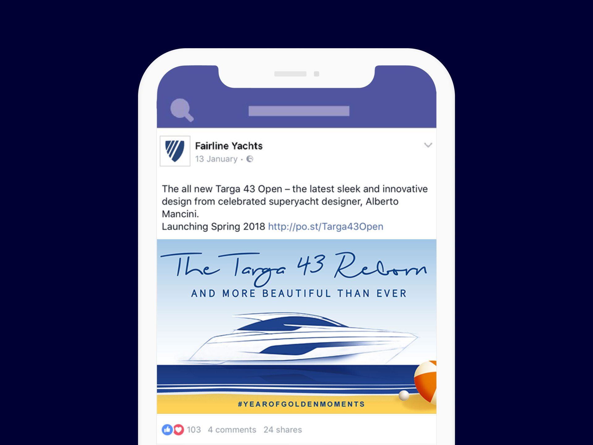 Social media ad for the Fairline Yachts Targa 43. Headline: 