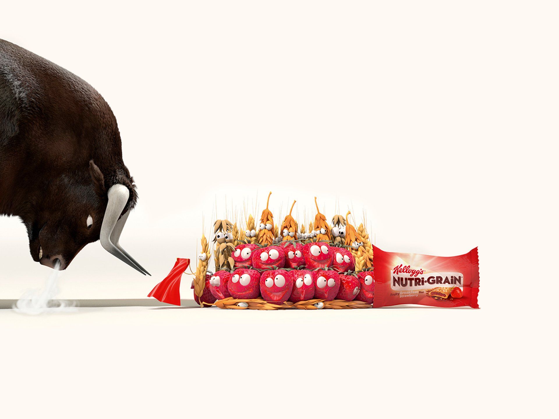 Ad execution featuring a bull that is about to ram some animated ingredients into a Kellogg's Nutri-grain wrapper. © The Animo Group Ltd.