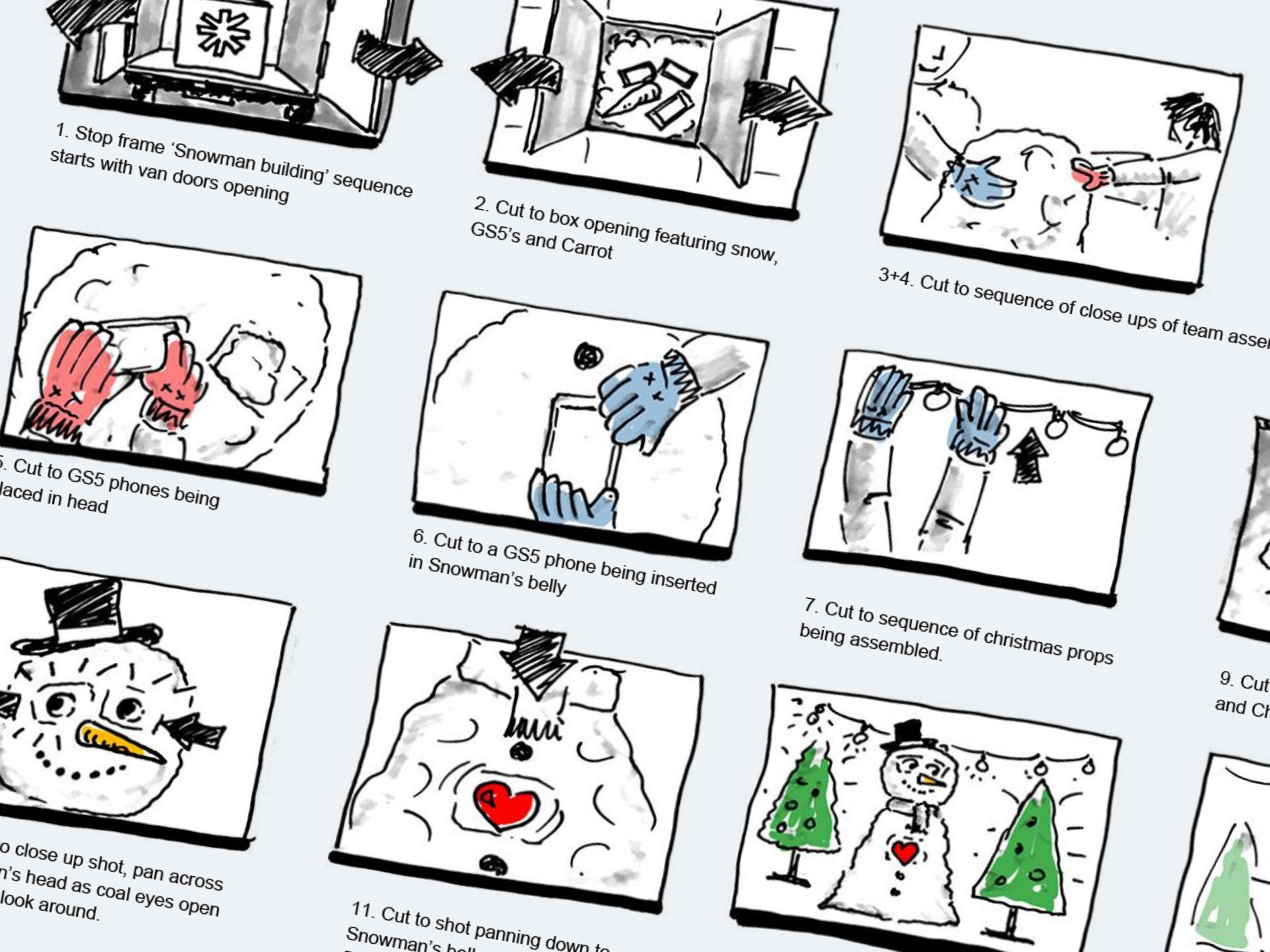 Storyboard for a promotional video Christmas card highlighting the waterproof capabilities of the Samsung Galaxy S5. © The Animo Group Ltd.