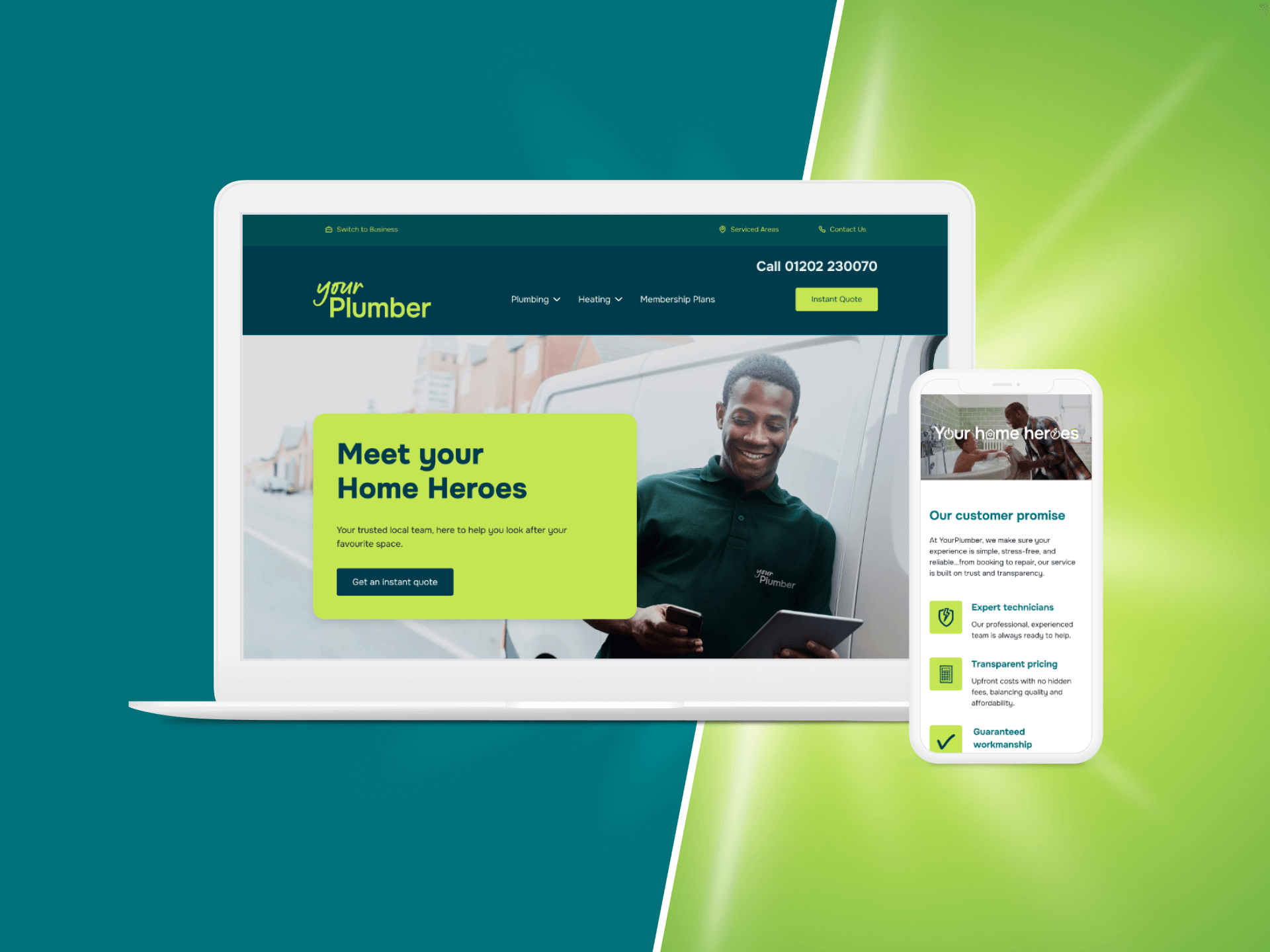 A laptop and a cell phone are sitting next to each other on a green and blue background.