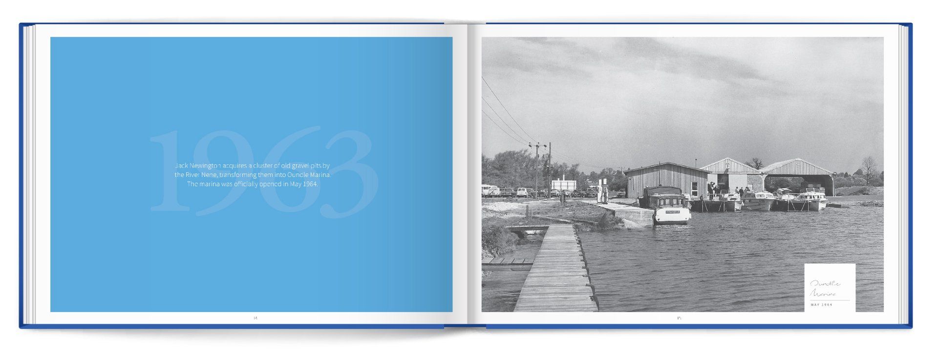 A book is open to a page with a blue background and a black and white photo.
