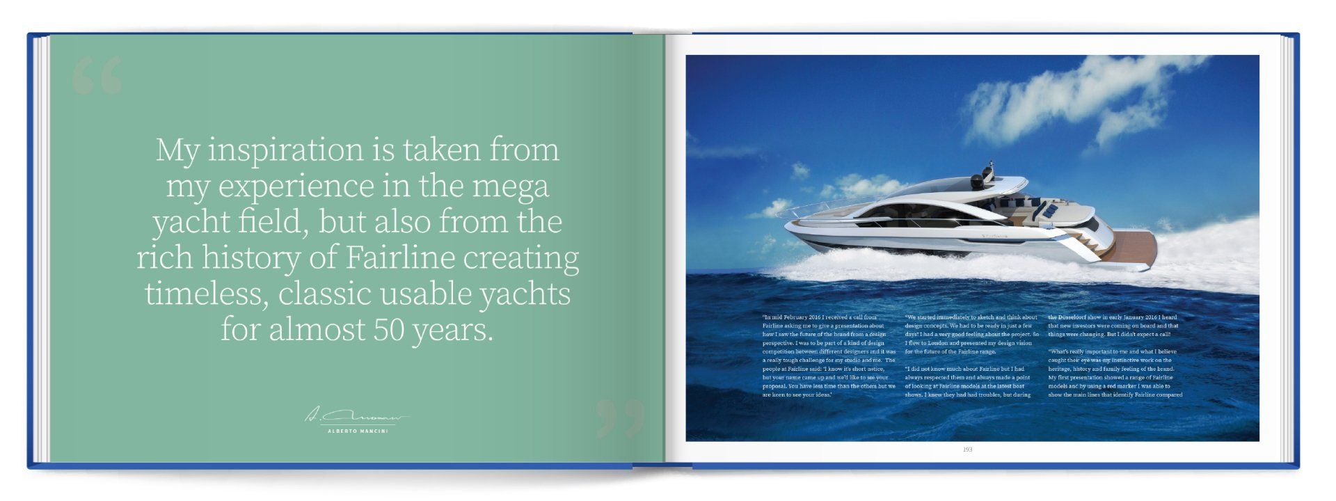 A book is open to a page with a picture of a yacht in the ocean.