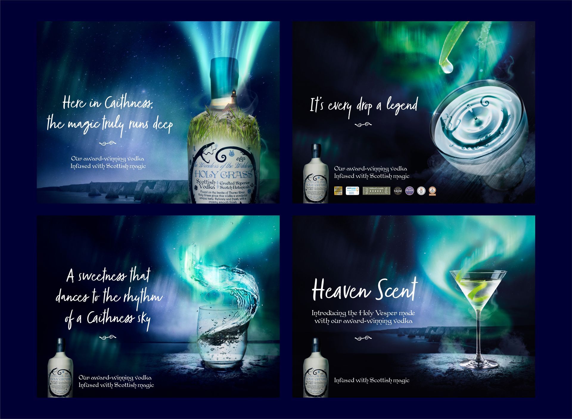 a set of four advertisements for a drink called heather scent
