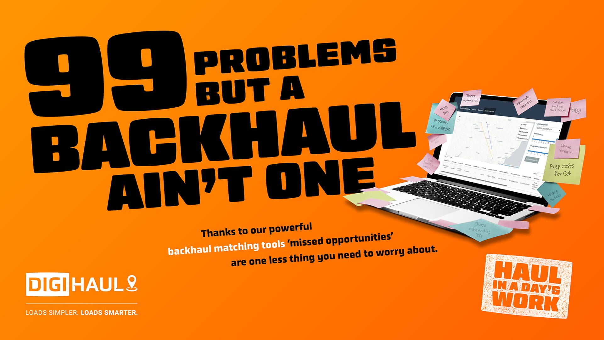 An orange background with a laptop and the words 99 problems but a backhaul ain 't one