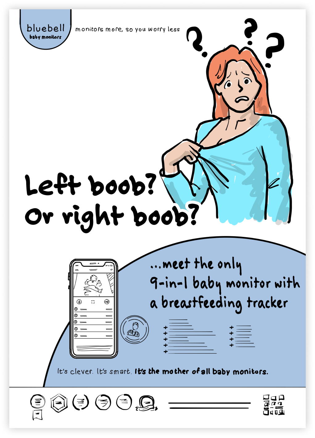 an ad scamp of a woman looking at her left breast and a baby monitor with a breastfeeding tracker .