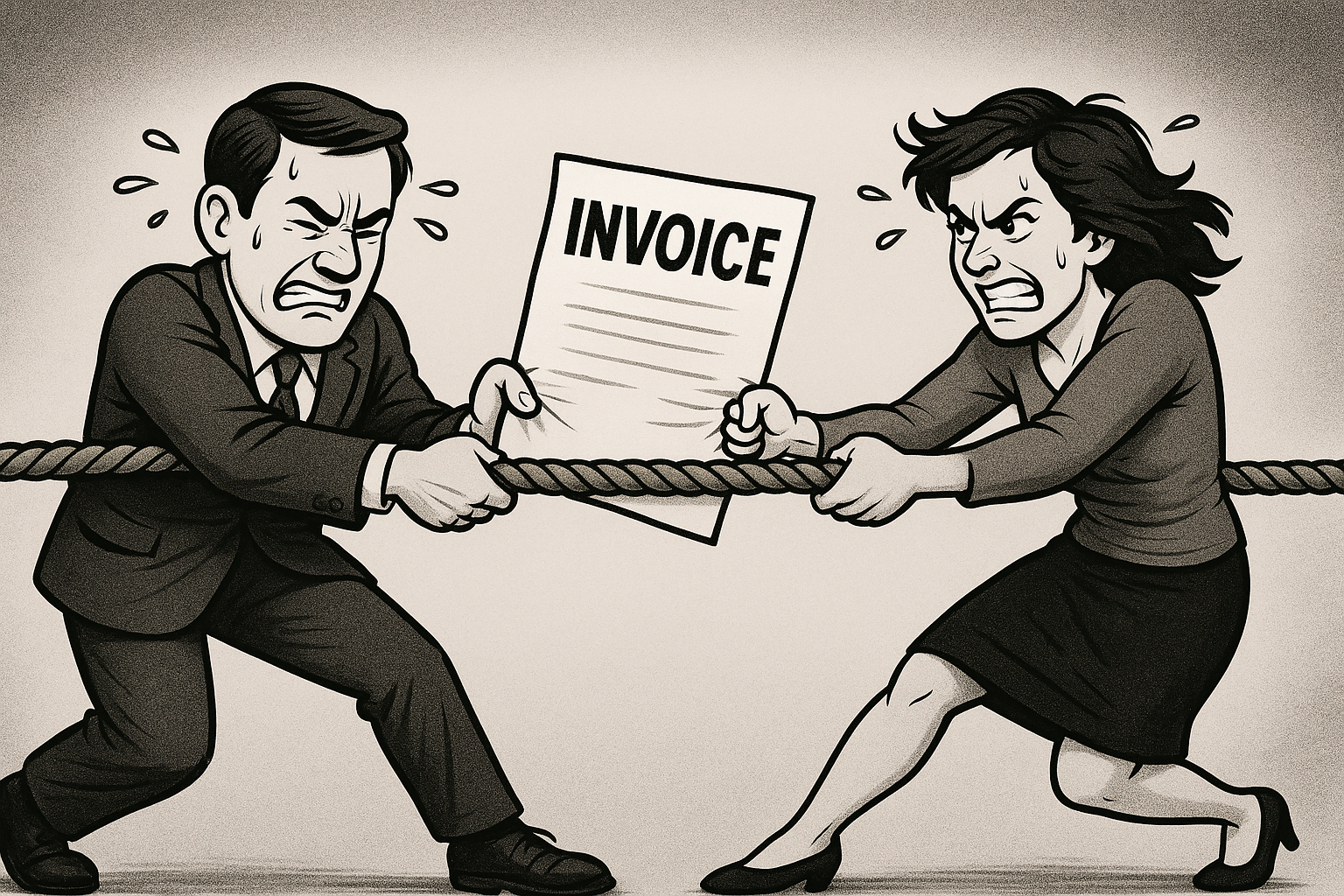 A Cartoon of a Man and Woman in tug of war over an invoice