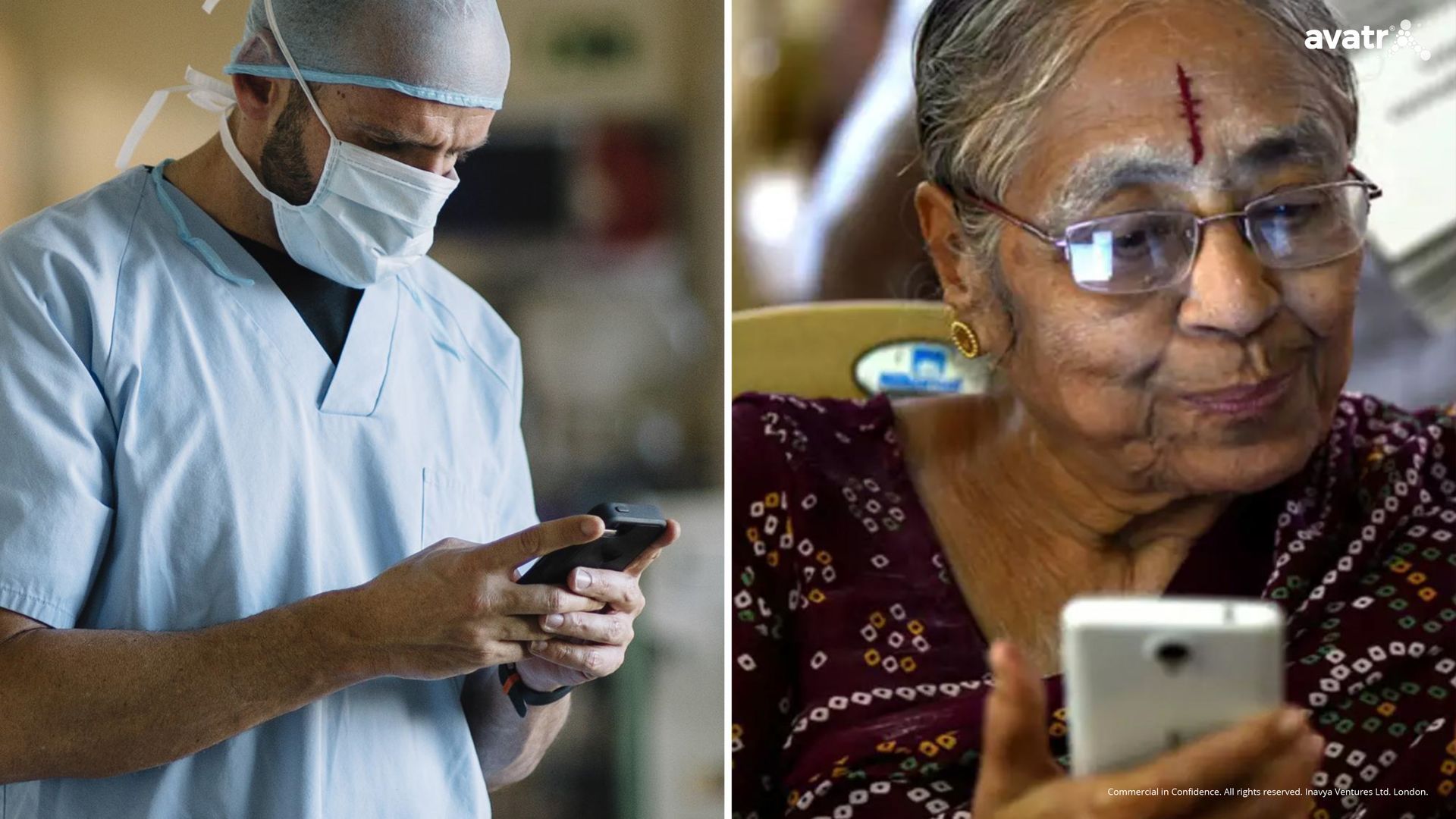 a doctor and an elderly woman are looking at their phones