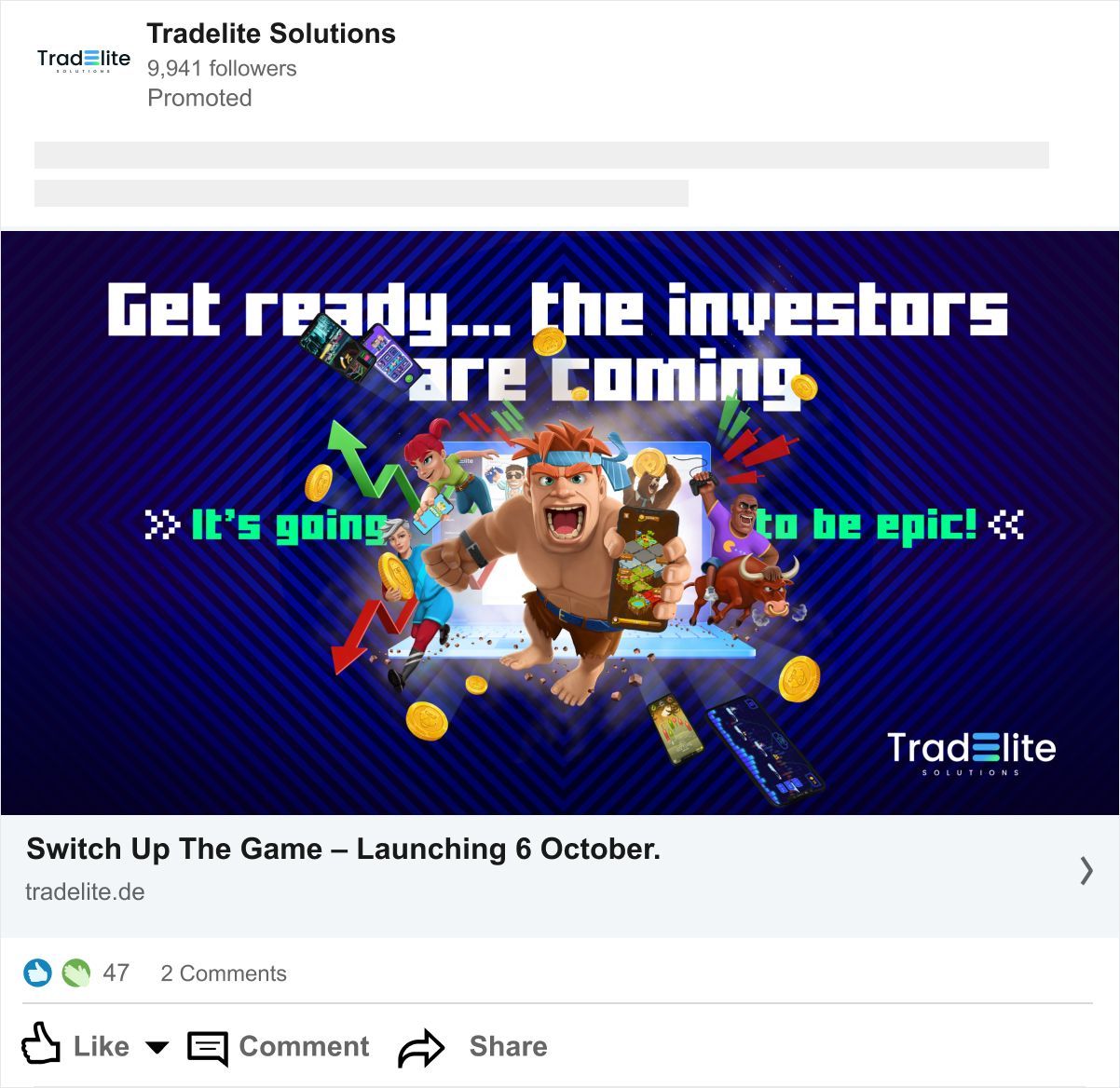 a facebook post for tradelite solutions says get ready the investors are coming