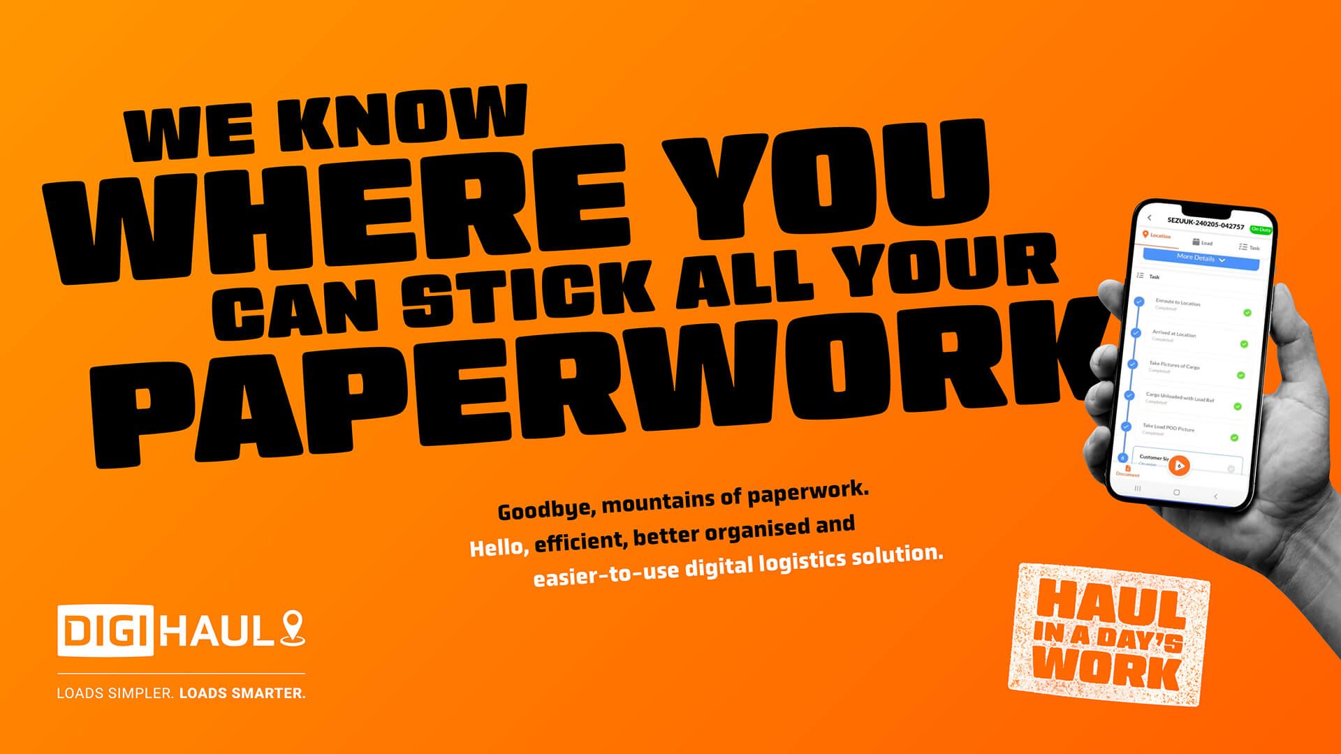 A hand is holding a cell phone in front of an orange background that says we know where you can stick all your paperwork.