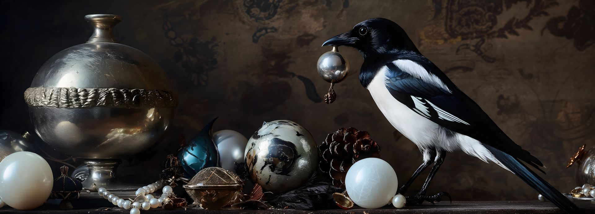 A magpie is holding a Christmas ornament in its beak