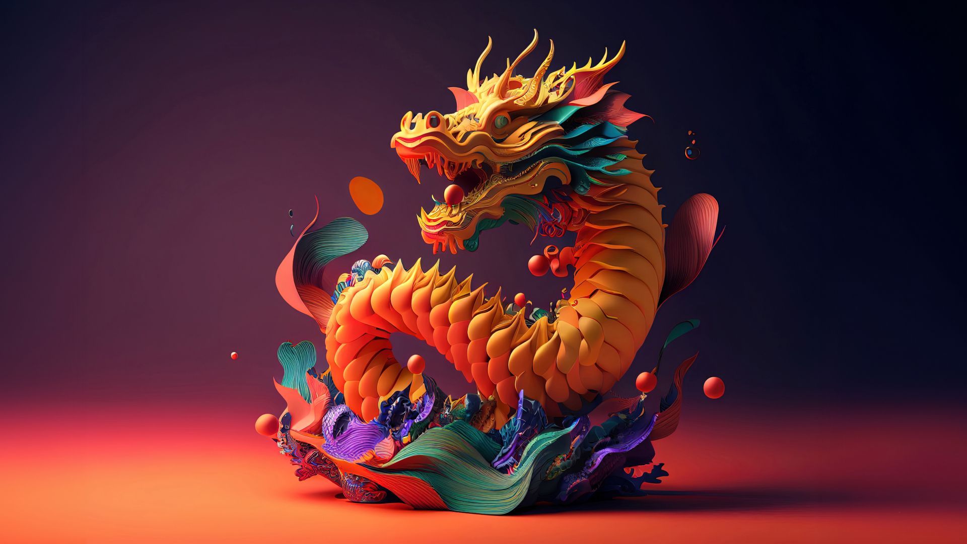 a 3d rendering of a colorful dragon on an orange background .