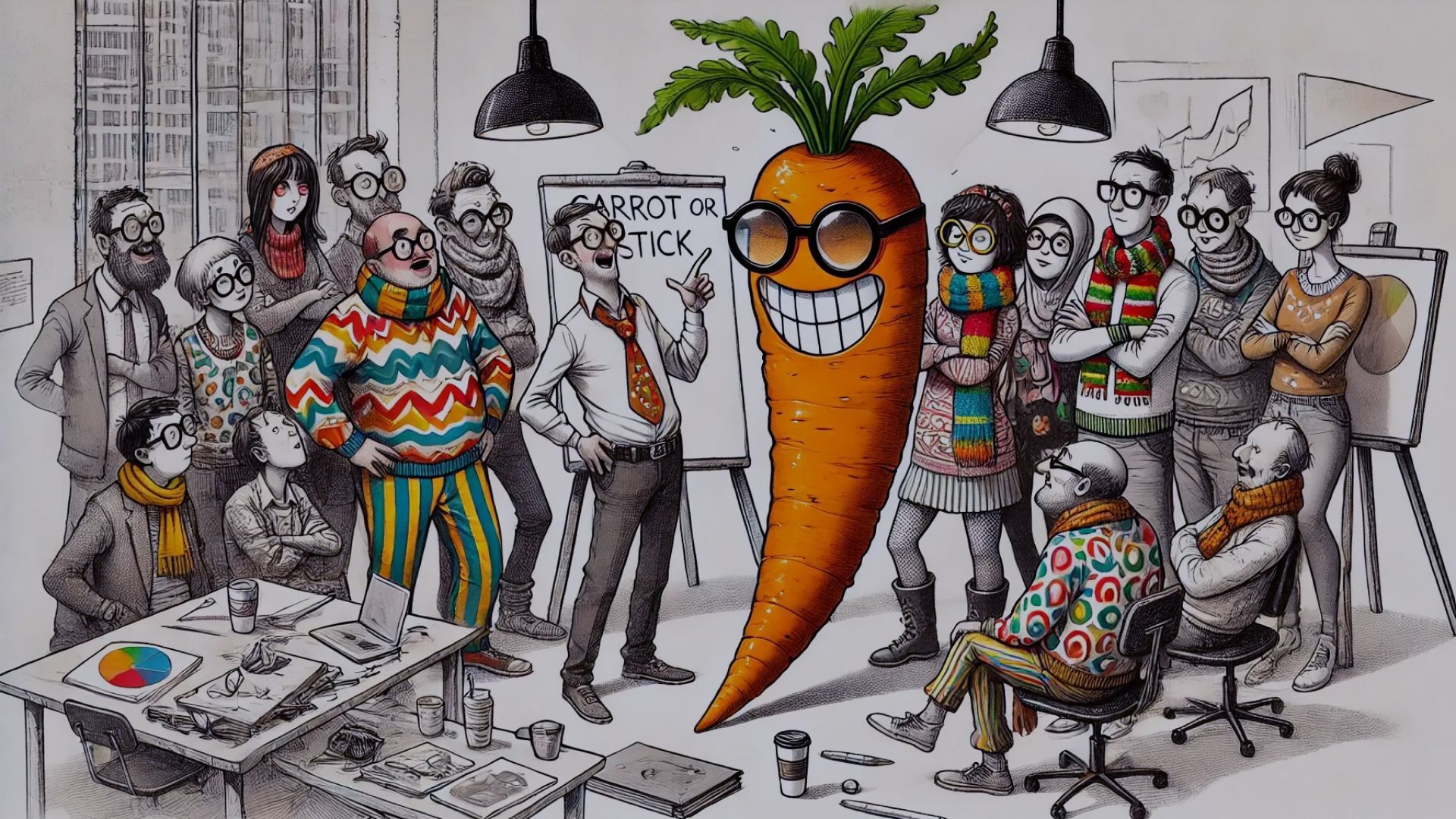 A group of people are standing around a large carrot with glasses.