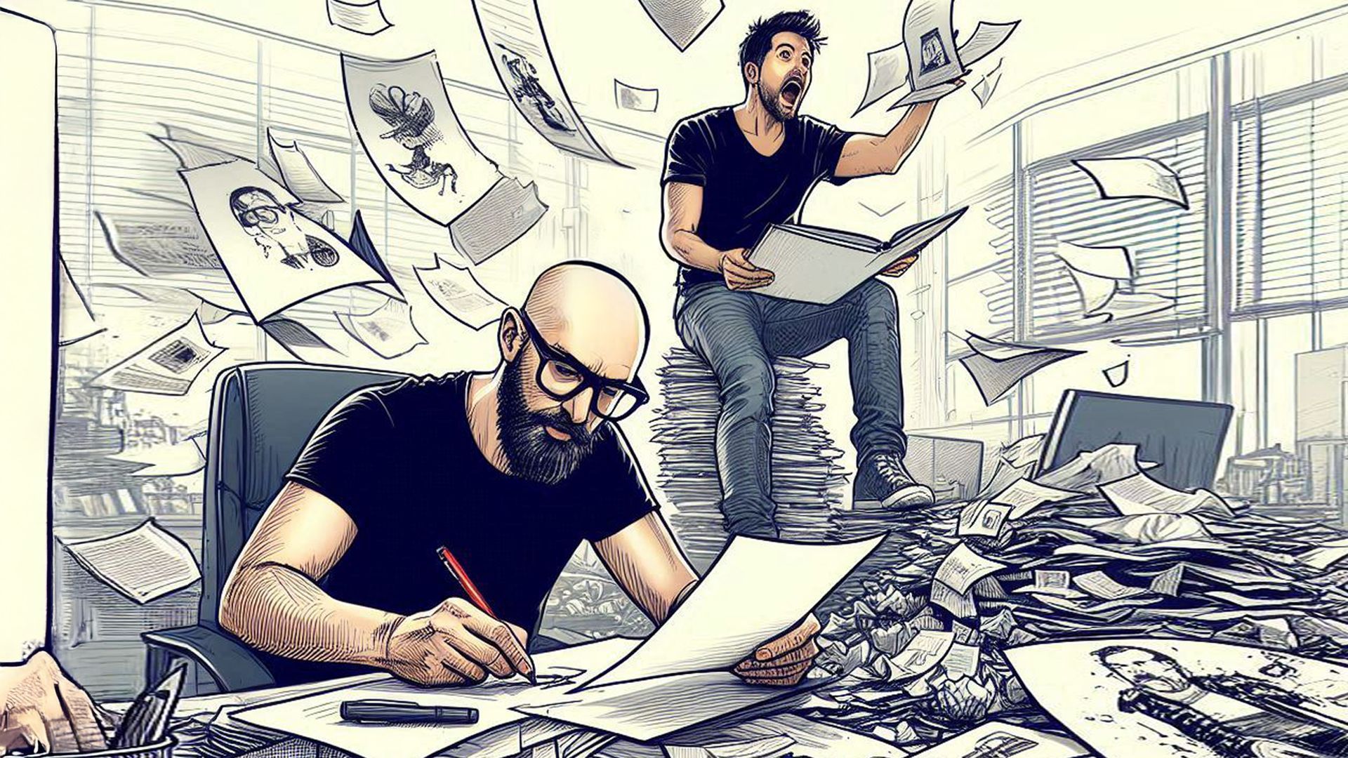 Two men are sitting at a table with papers flying around them.
