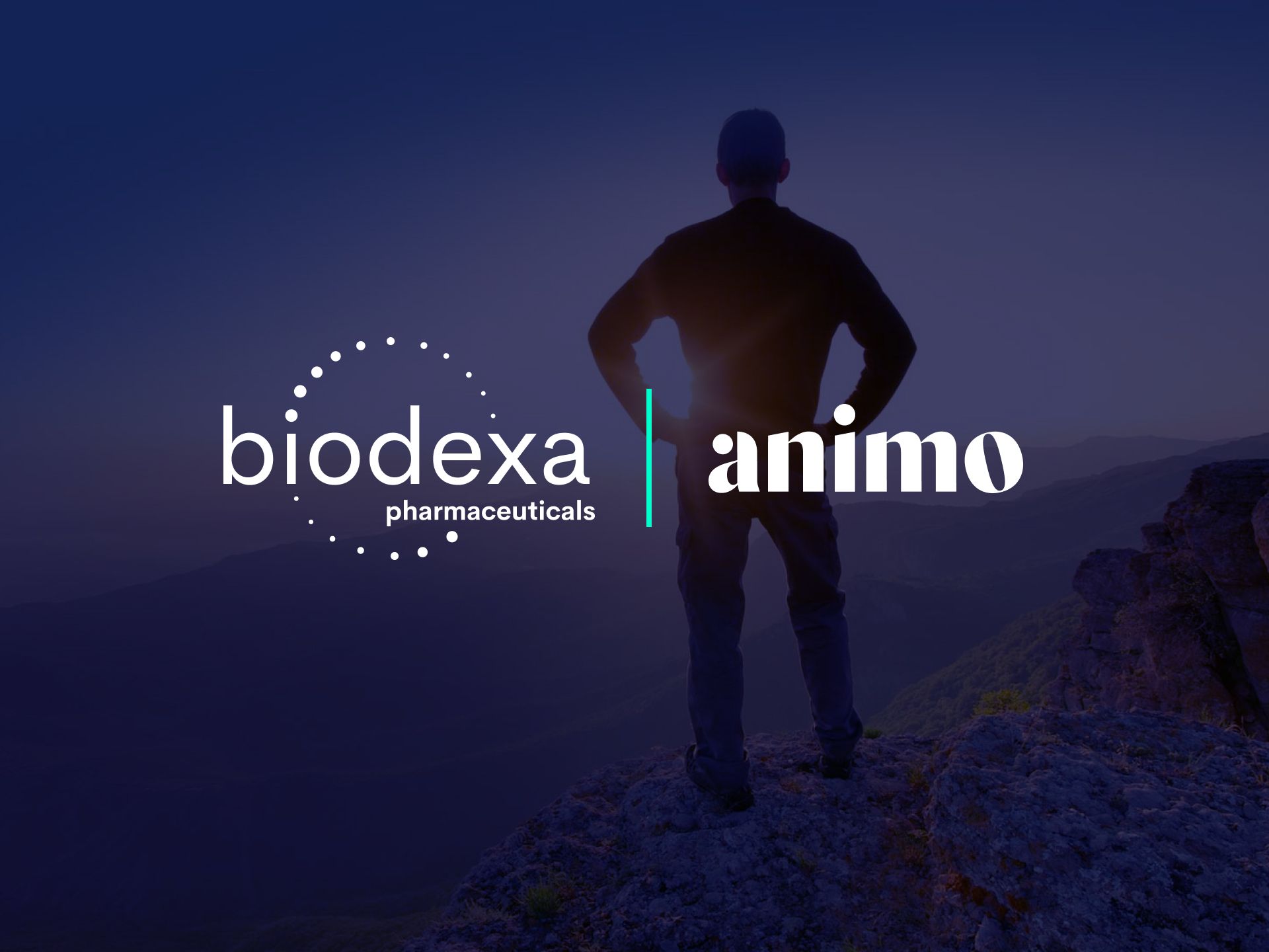 a man standing on top of a mountain with the biodexa logo and animo logo