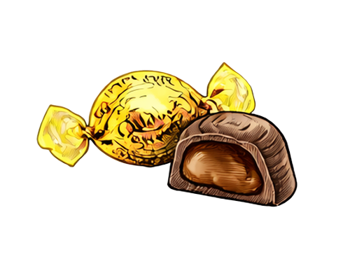 Chocolate candy, gold wrapper, one unwrapped, revealing creamy filling.