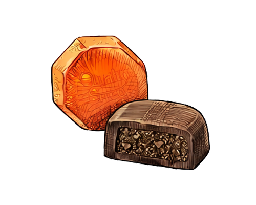 Two candies: one orange, octagonal, the other brown, cut to show a dark, textured filling.