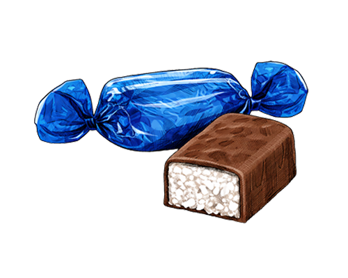 Blue-wrapped candy next to a rectangular candy with chocolate coating and white filling.