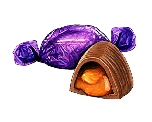 Chocolate candy, one unwrapped to show caramel center, wrapped in purple foil.