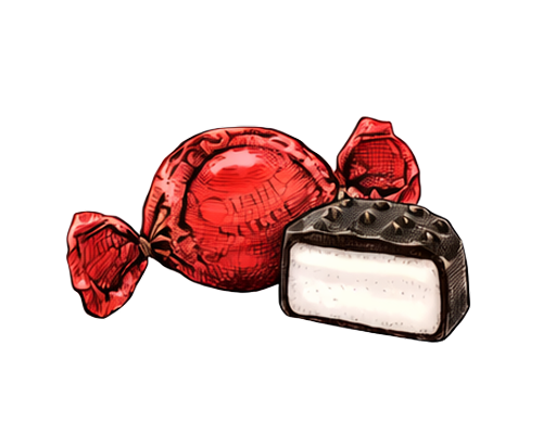 Red wrapped candy with one unwrapped chocolate covered marshmallow.