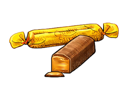 Wrapped yellow caramel candy and unwrapped caramel candy on white background.