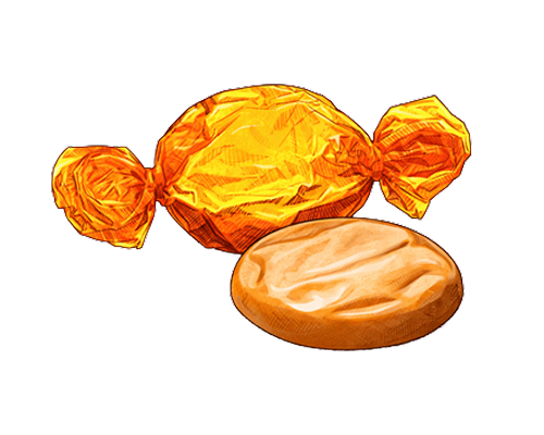 Wrapped golden caramel candy, and one unwrapped, light brown caramel candy.