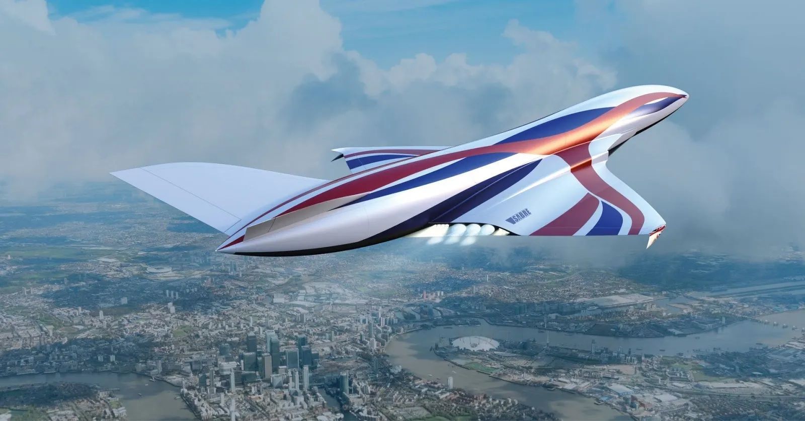 a red , white and blue airplane is flying over a city .