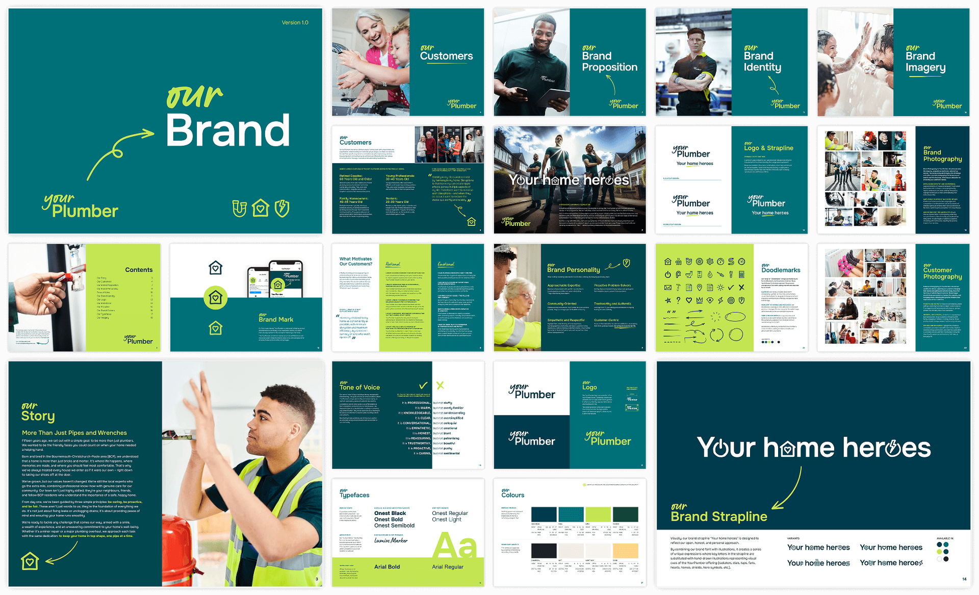 A grid of YourPlumber brand guidelines pages