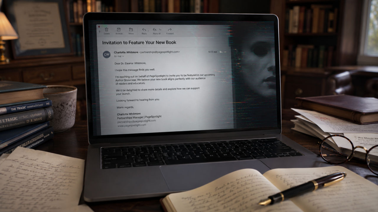 Laptop on a desk in a cozy study, displaying text beside an eerie face on the screen.