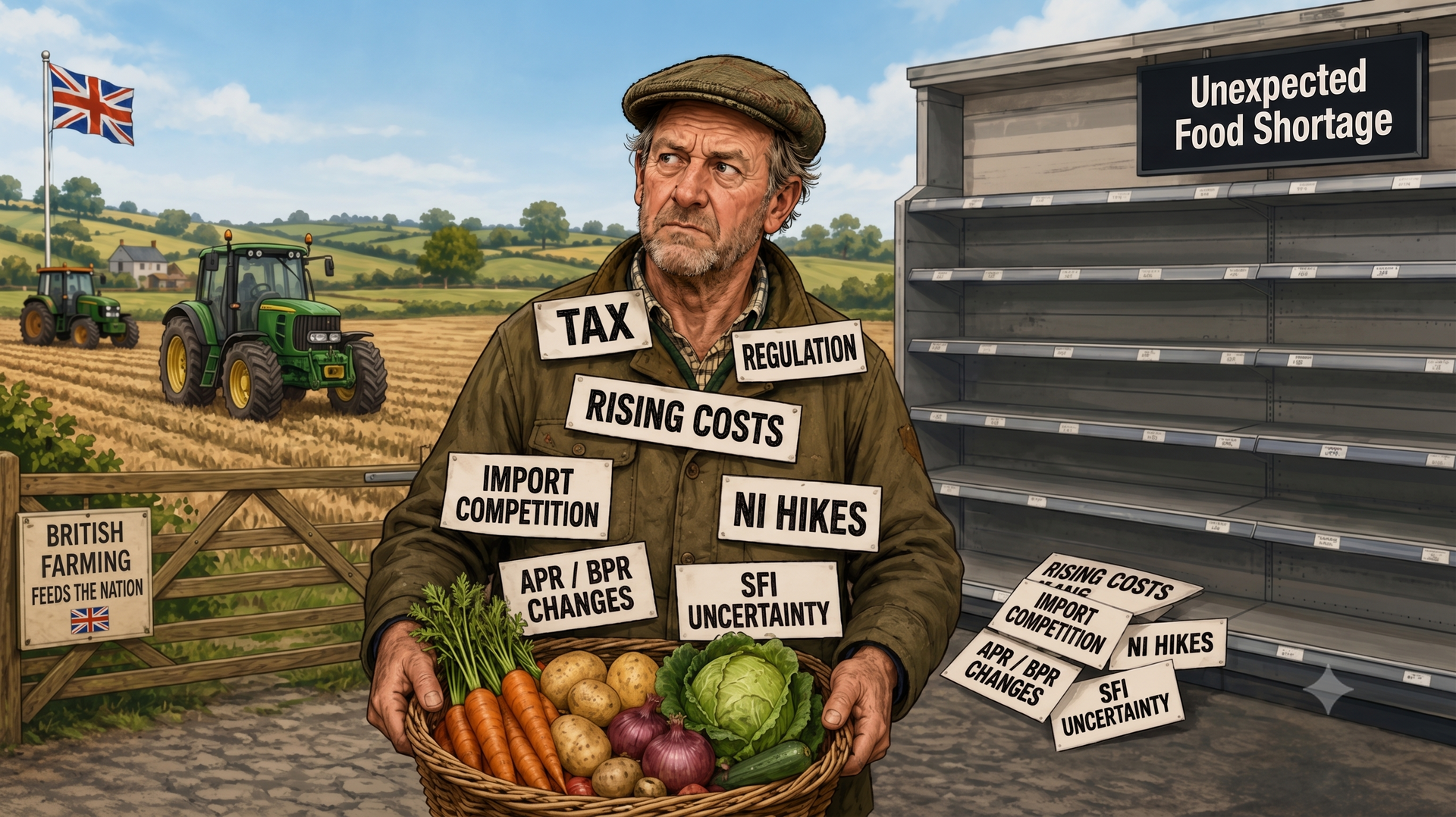 Farmer beside crates of produce and “unexpected food shortage” sign, with labels like “tax” and “rising costs”